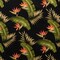 1 Yard Black Tropical Plumeria & Palm Leaf Upholstery Fabric with Bird of Paradise Design, 100% Cotton Barkcloth, 56"-58" Wide